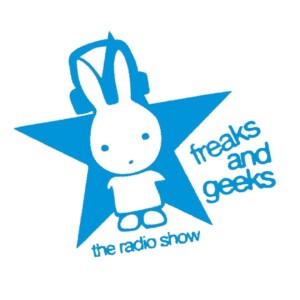 A 2-tone logo, containing a white bunny with headphones that appears to be wearing a t-shirt and shoes, standing in front of a blue 5-point star. The radio show title on the right side of the bunny and star, and 