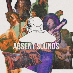 A colorful collage of musicians playing guitars, drums, and often in front of microphones, set behind a simple scribbled but tasteful pencil sketch of a person with messy scribbled hair, wearing headphones and smiling above the show title in all-caps.