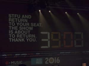 A display on the backdrop of the stage at Polaris Prize 2016, saying 
